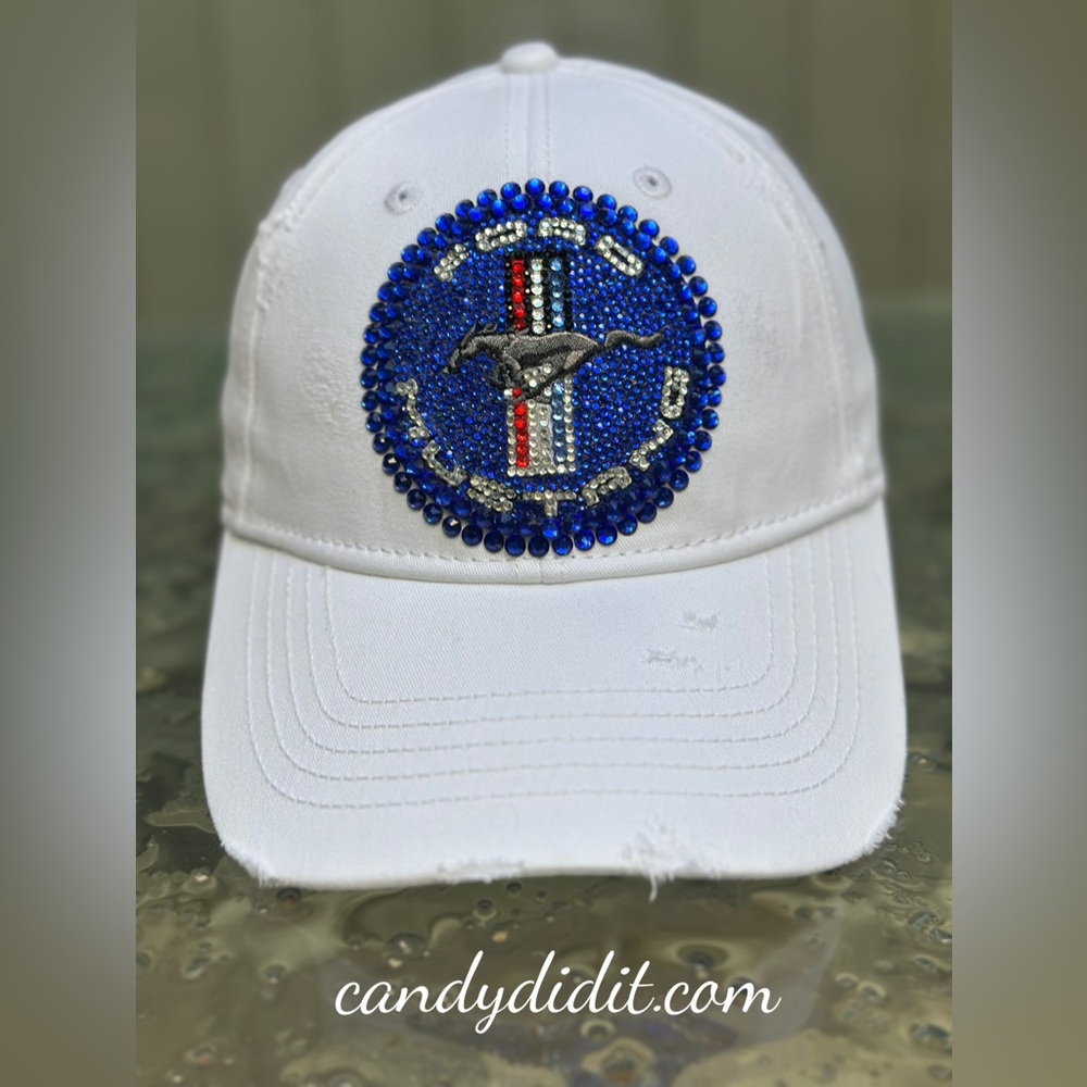 Beautiful Handmade White Distressed Ball Cap With Crystal Ford Mustang Logo